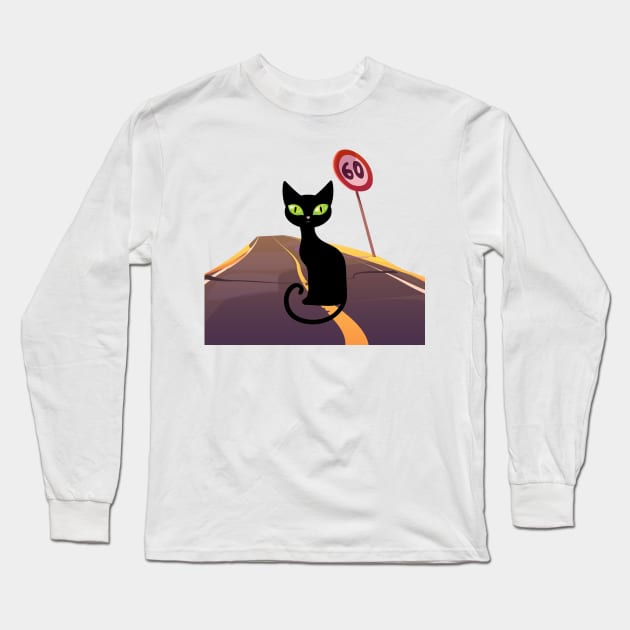 Black Cat Standing on the Road Long Sleeve T-Shirt by GAGO5